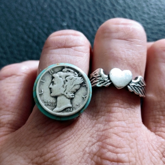 Handmade Jewelry - Sale! VINTAGE Handmade Turquoise Silver Mercury Dime Adjustable Ring